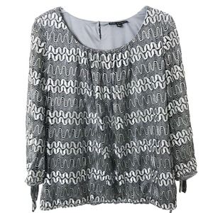 Sara Michelle NWT Women's 3/4 Sleeve Tie Sleeve Scoop Neck Silver Black Blouse L
